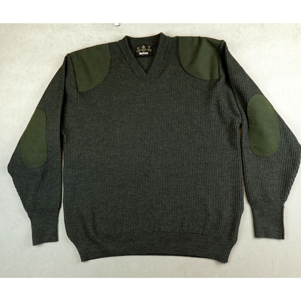 Barbour Sporting Sweater Suede Patch Wool Mens XL Green Army Fisherman D1302